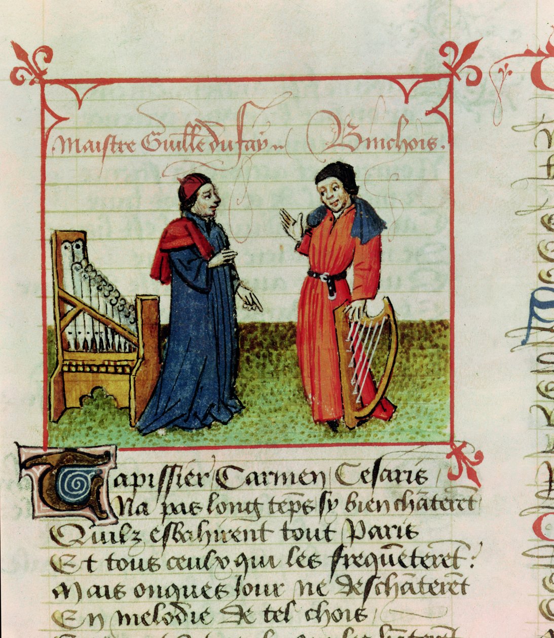 Ms. Fr 12476 fol.98 Guillaume Dufay († 1474) és Gilles Binchois († 1460) a Le Champion des Damestől, Martin le Franc (1410-61) 1440 alkotó: French School
