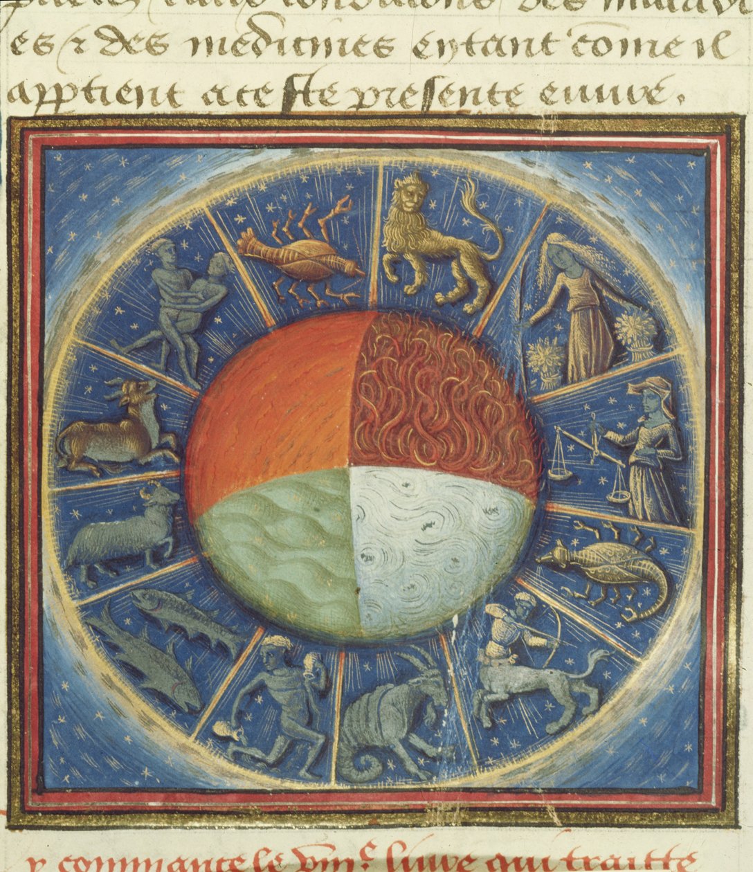 Ms Fr 135 Fol.285 A Föld négy eleme a tizenkét állatöv jegyével, Barthelemy lAnglais Des Proprietez des Choses című művéből, 1445-50 alkotó: French School