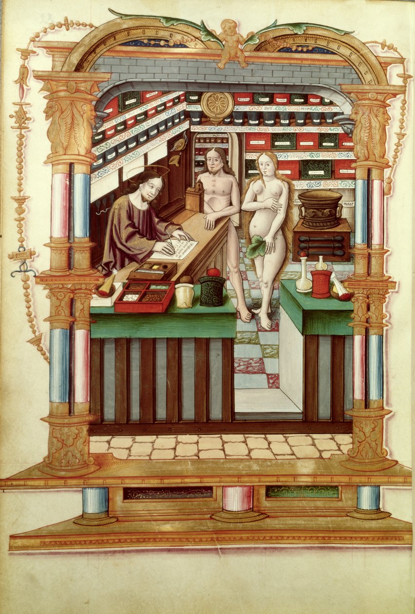 Ms Fr 1537 Krisztus gyógyszerész Ádámmal és Évával, a Chants royaux sur la Conception Couronnee du Puy de Rouenből alkotó: French School