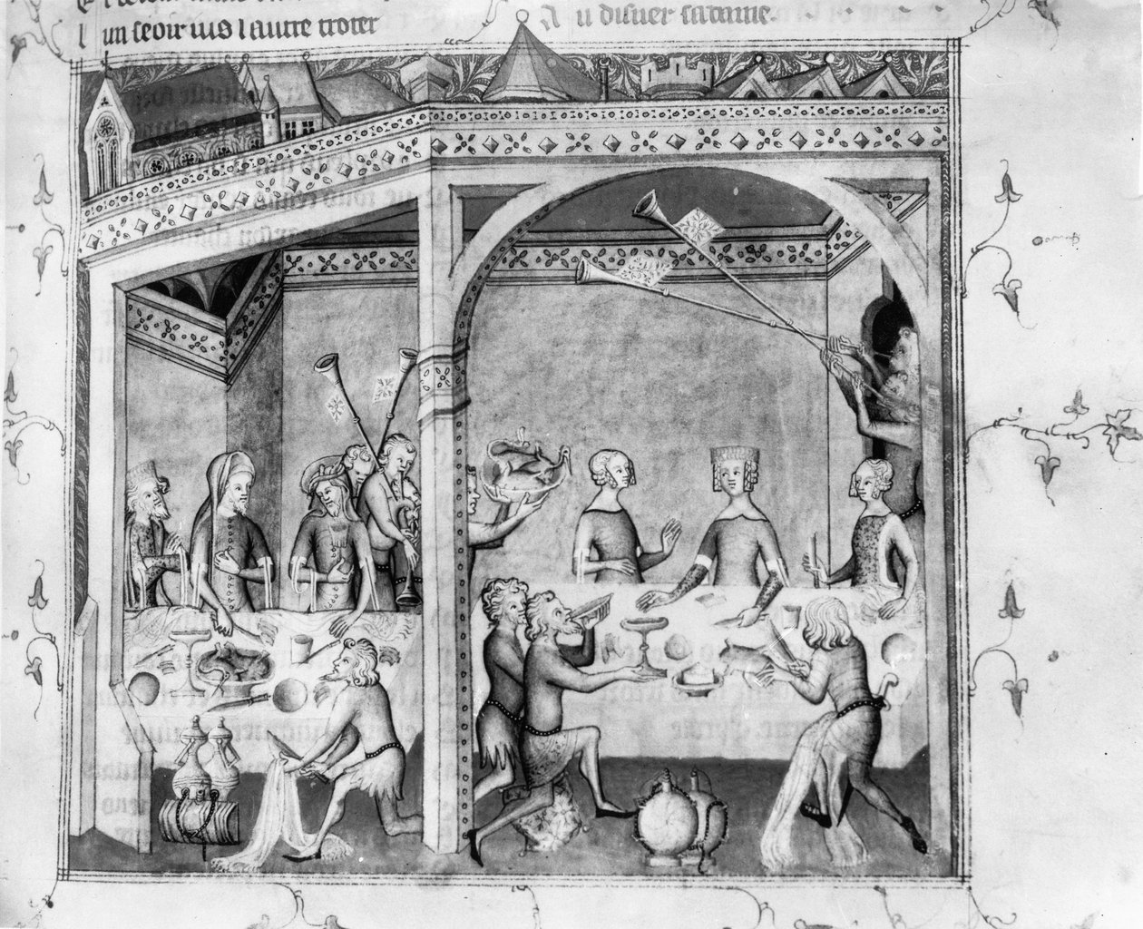 Ms Fr 1584 Zenészek szórakoztatják a bankettet, 1370 körül (kézirat) alkotó: French School