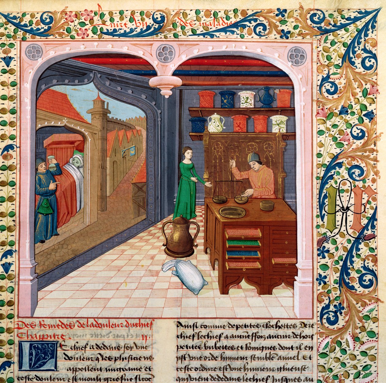 Ms Fr 218 fol.111 Egy beteg az ágyában és egy patikus, aki gyógyszert készít, Barthelemy lAnglais Le Livre des Proprietes des Choses-ból alkotó: French School