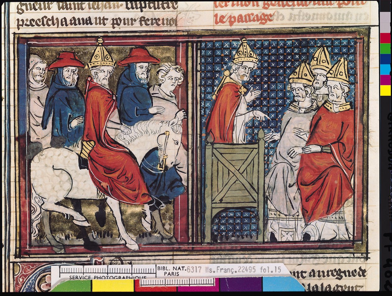Ms Fr 22495 Fol.15 A Clermont-i Zsinat és II. Urbán pápa (1035-1099 körül) Franciaországba érkezése, Le Roman de Godefroi de Bouillon, 1337 alkotó: French School