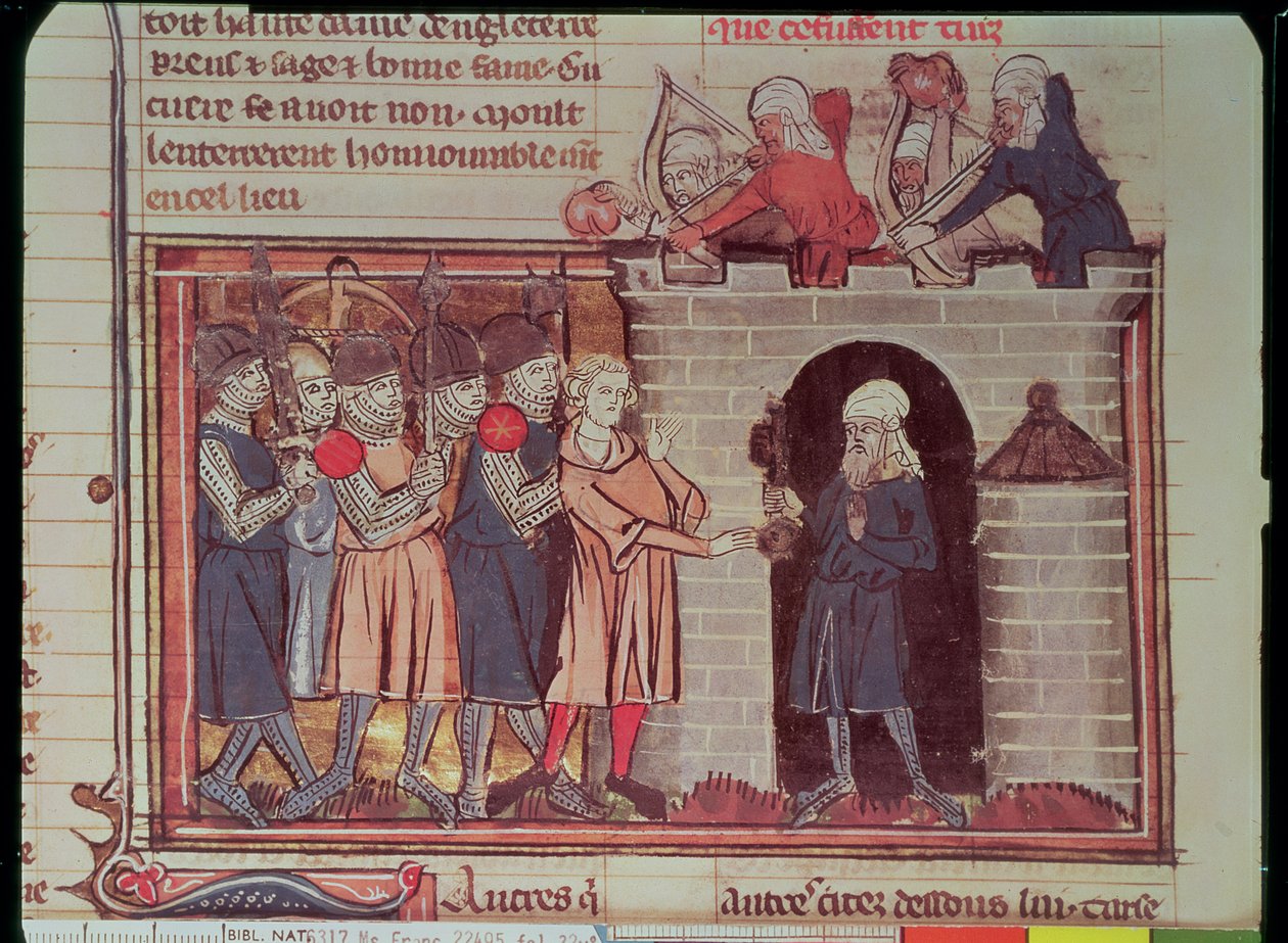 Ms Fr 22495 f.32v 1. keresztes hadjárat. Tarsus átadása Tancred de Hauteville-nek, 1097, a Le Roman de Godefroi de Bouillontól alkotó: French School