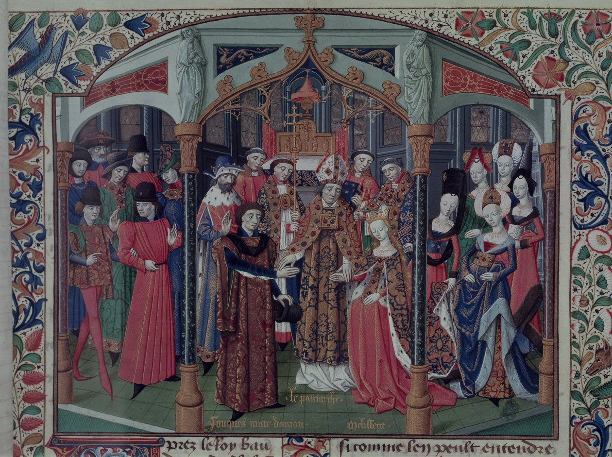 Ms Fr 2629 fol.167 Melisande jeruzsálemi királynő (1109-60) feleségül veszi Anjou V. Fulkját (1092-1143), Tírusi Vilmos (kb. 1130-85) jeruzsálemi hódítási történetéből 1470 körül alkotó: French School