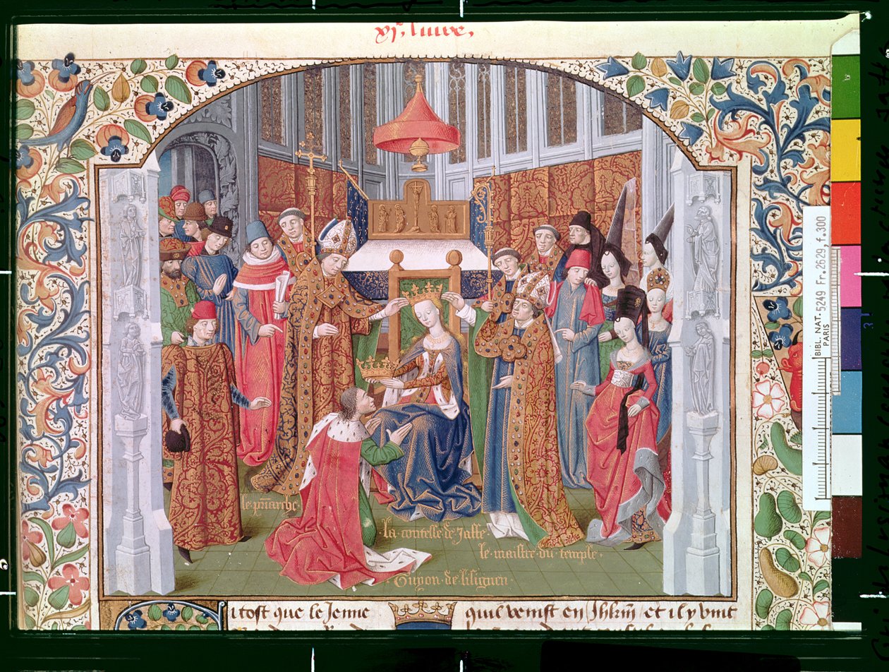 Ms Fr 2629 fol.300 Jaffa grófnője (kb. 1136-88) megkoronázza Lusignan Guy-t (1194) a jeruzsálemi hódítás történetéből, Tírusi Vilmos (1130-85 körül) 1470 körül alkotó: French School