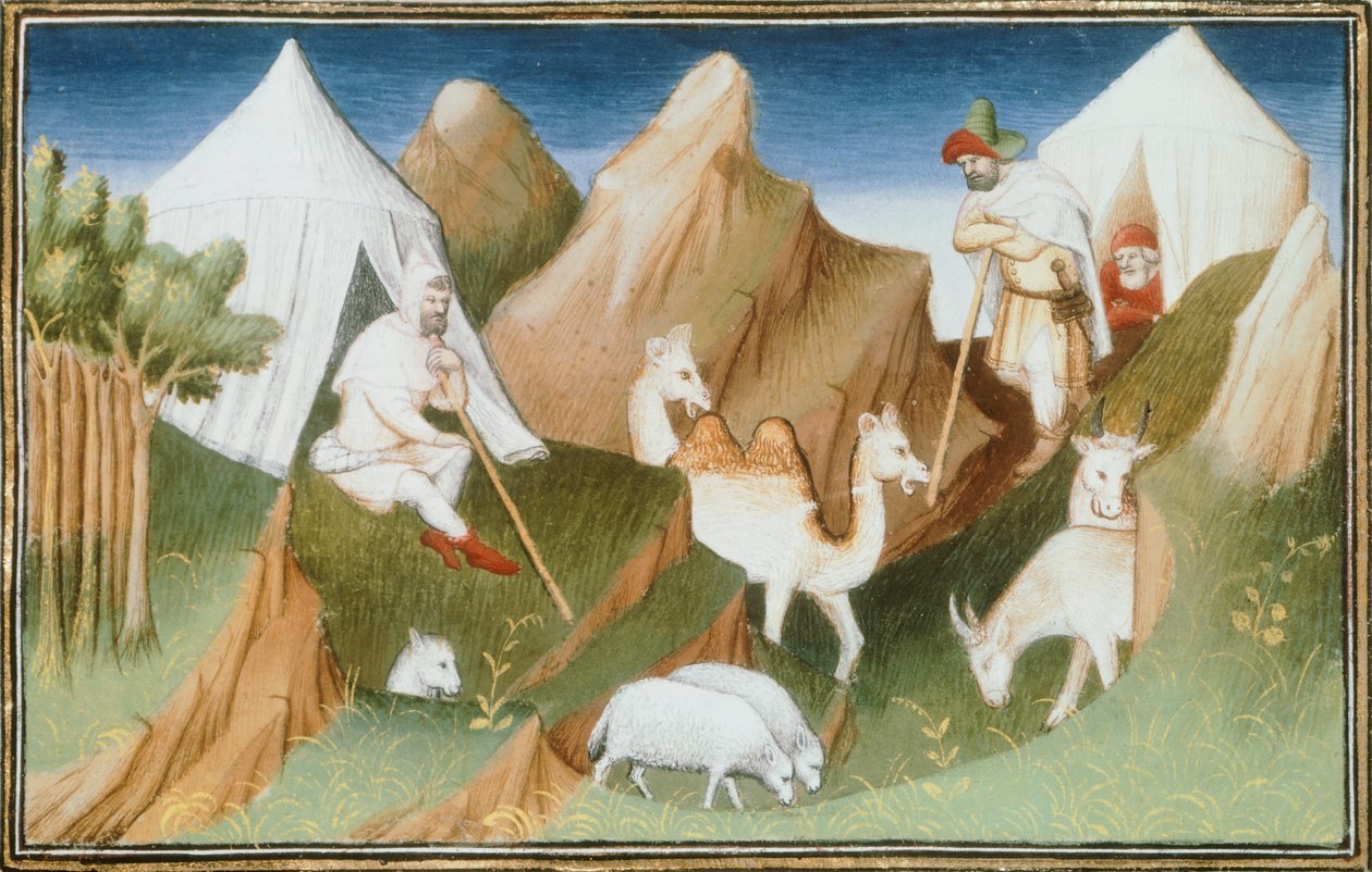 Ms Fr 2810, Karachar nomádok a csordáikkal, Marco Polo és Rustichello „Livre des merveilles du monde” (A világ csodáinak könyve) miniatűrje, 1410-1212 körül (tempera pergamen) alkotó: French School