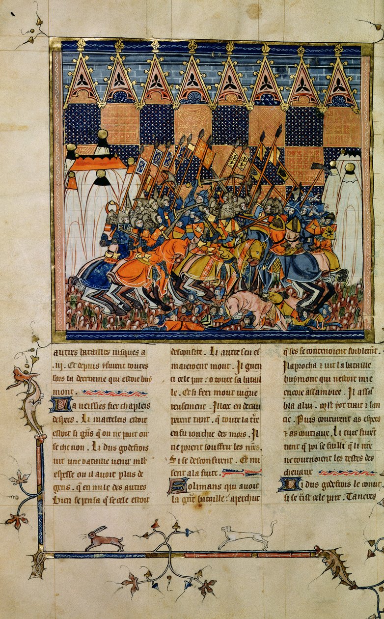 Ms Fr. 352 fol. 49v csatajelenet Godefroi de Bouillon életrajzából, A nyugati szentek története alkotó: French School