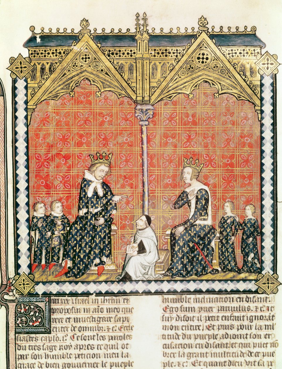 Ms Fr 437 fol.1 V. Károly király (1338-80) és Jeanne de Bourbon (1338-77) gyermekeikkel, Guillaume Durand (1230-96) Rational des divins irodáiból 1374 alkotó: French School