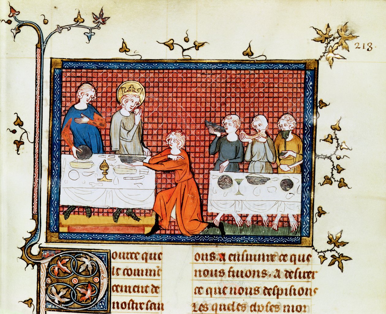Ms. Fr. 5716 f.213 St. Louis, a szegények táplálása, St. Louis élete és csodáiból, 1330-40 körül alkotó: French School