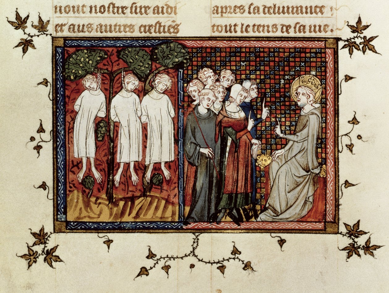 Ms Fr. 5716 fol.246 St. Louis ítéletet hirdet és elítéli Enguerrand de Coucyt (1228-1311) három fiatal nemes felakasztásáért, a St. Louis élete és csodáiból, 1330-40 körül alkotó: French School