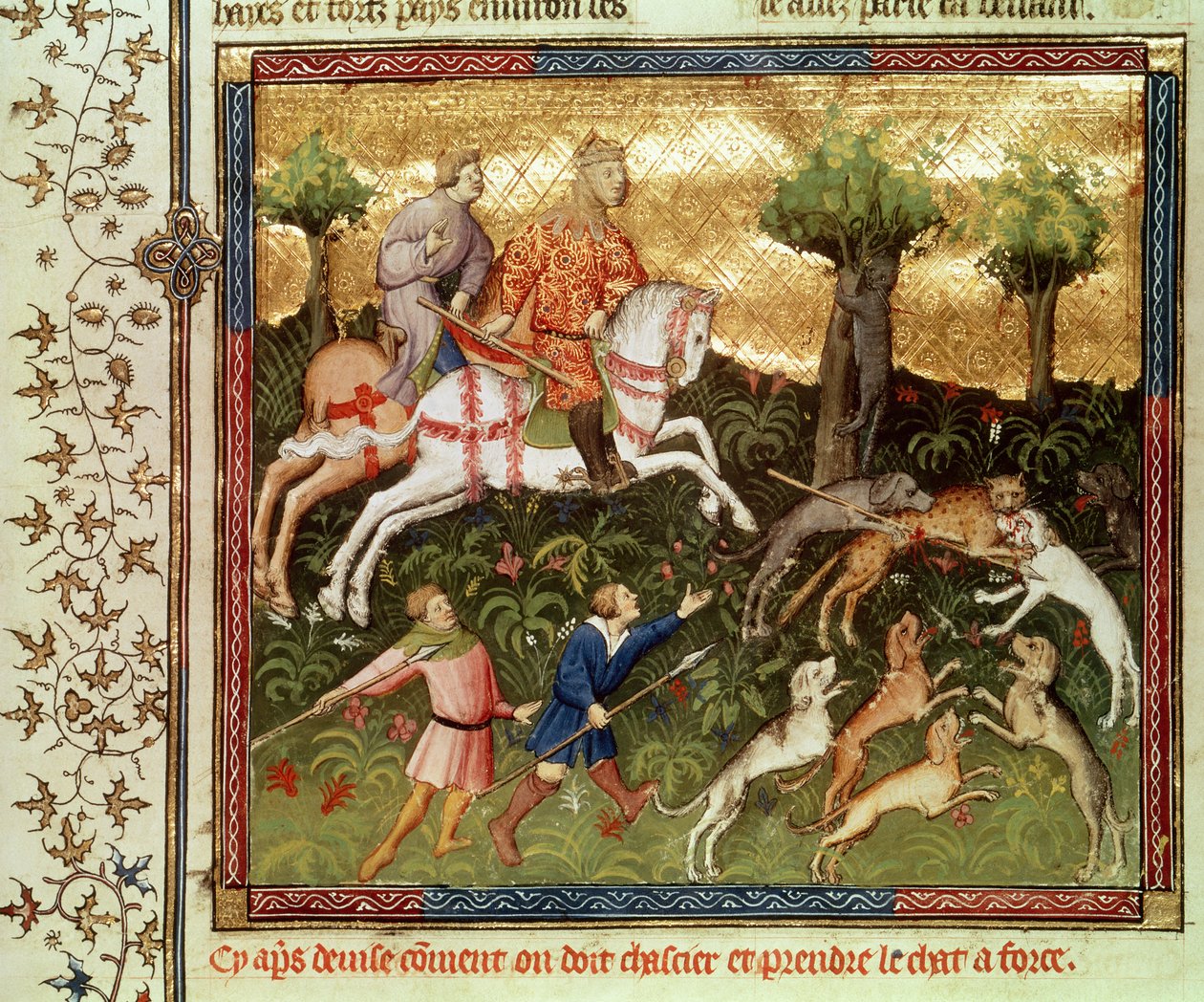 Ms Fr 616 fol.101 Kutyák támadnak leopárdra, Gaston Phebus de Foix (1331-91) könyvéből alkotó: French School