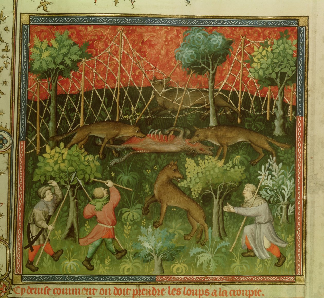 Ms Fr 616 fol.111 Farkasvadászat hálók segítségével, a Livre de la Chasse-ból, Gaston Phebus de Foix (1331-91) alkotó: French School
