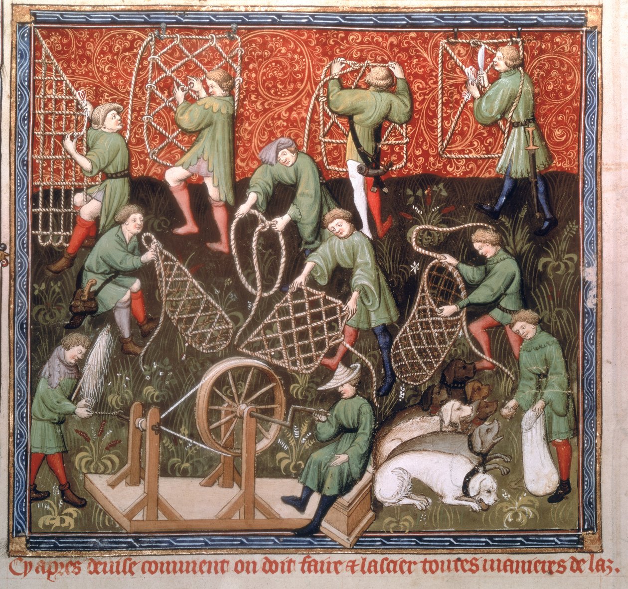 Ms Fr 616 fol.53v Férfiak hálókkal, a Livre de la Chasse-ból, Gaston Phebus de Foix (1331-91) 15. század eleje alkotó: French School