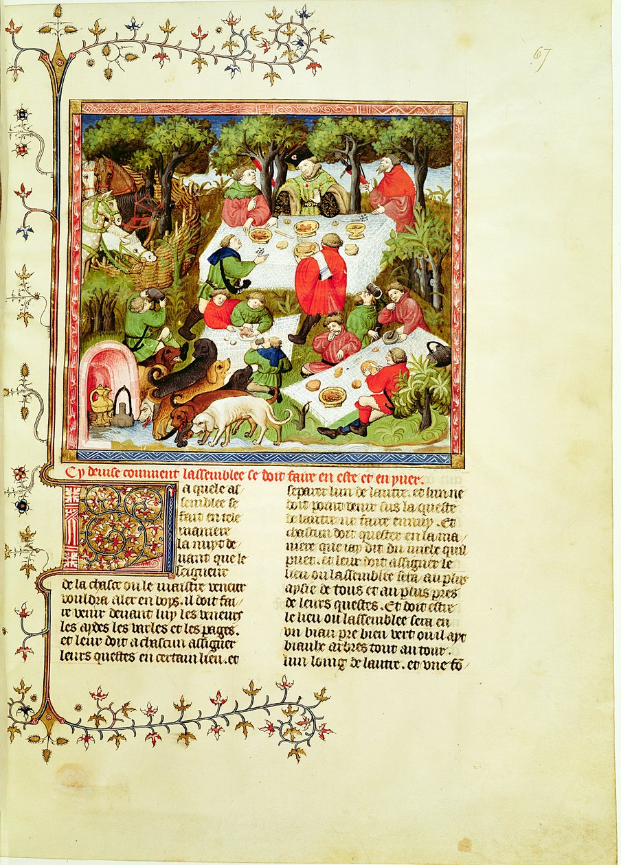 Ms Fr 616 fol.67 Vadászok lakomáznak a szarvasvadászat előtt, Livre de la Chasse-ból, Gaston Phebus de Foix (1331-1391) alkotó: French School