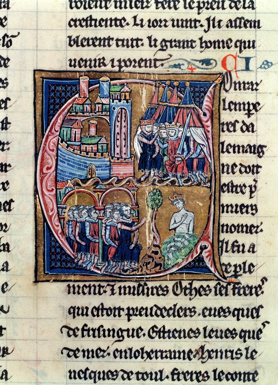 Ms Fr 9081 fol.206 Történelmi kezdetű C, amely III. Konrád (1137-52) német császárt és VII. Lajos (1120-80) francia királyt ábrázolja, aki 1148-ban Damaszkuszt ostromolta, Jeruzsálem történetéből, Vilmostól alkotó: French School