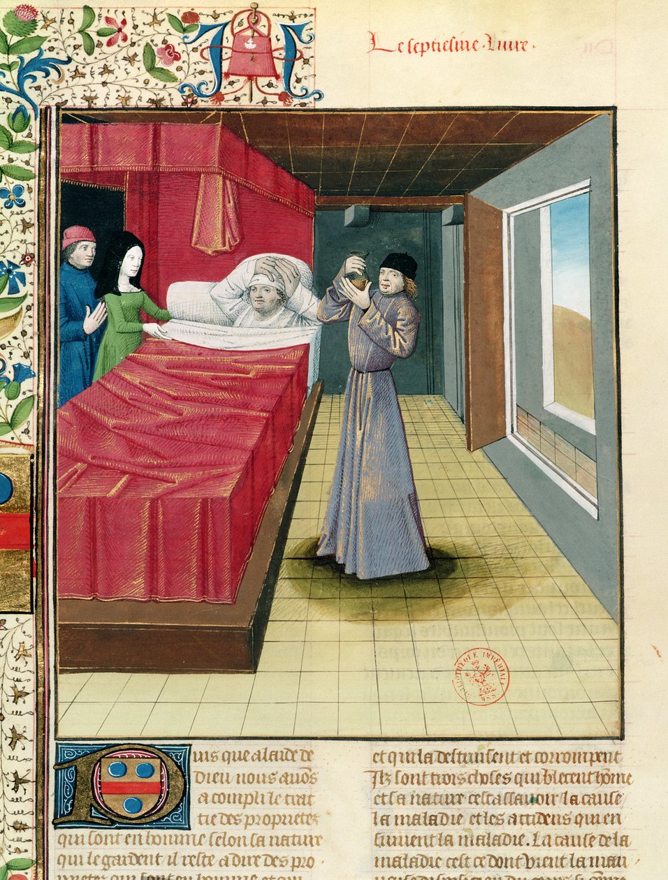 Ms Fr 9140 fol.120v Vizeletelemzést végző orvos, Barthelemy lAnglais Livre des Proprietes des Choses-ból, 1480 alkotó: French School