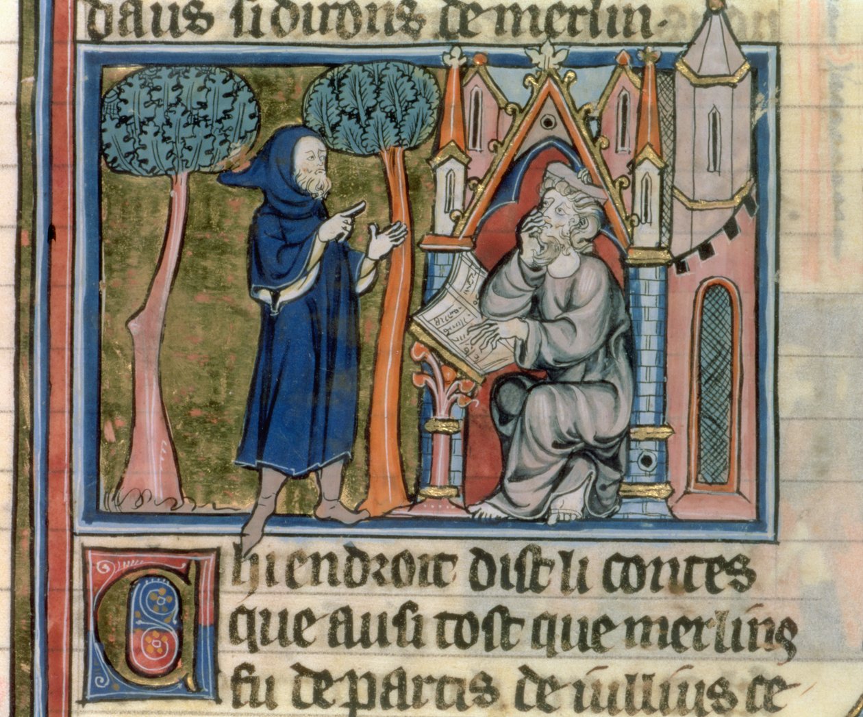 Ms Fr. 95 f.268 Merlin diktálja a történetet Blaise-nek, az lHistoire de Merlinből, 1280-90 körül alkotó: French School