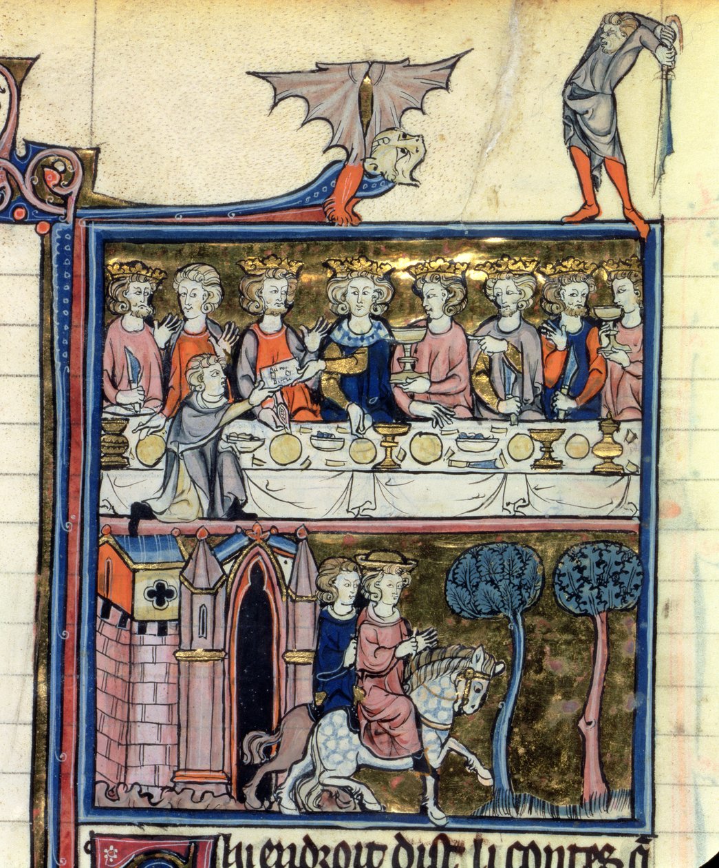 Ms Fr 95 f.326 Arthur király és lovagjai az asztal körül, lHistoire de Merlin, 1280-90 körül alkotó: French School