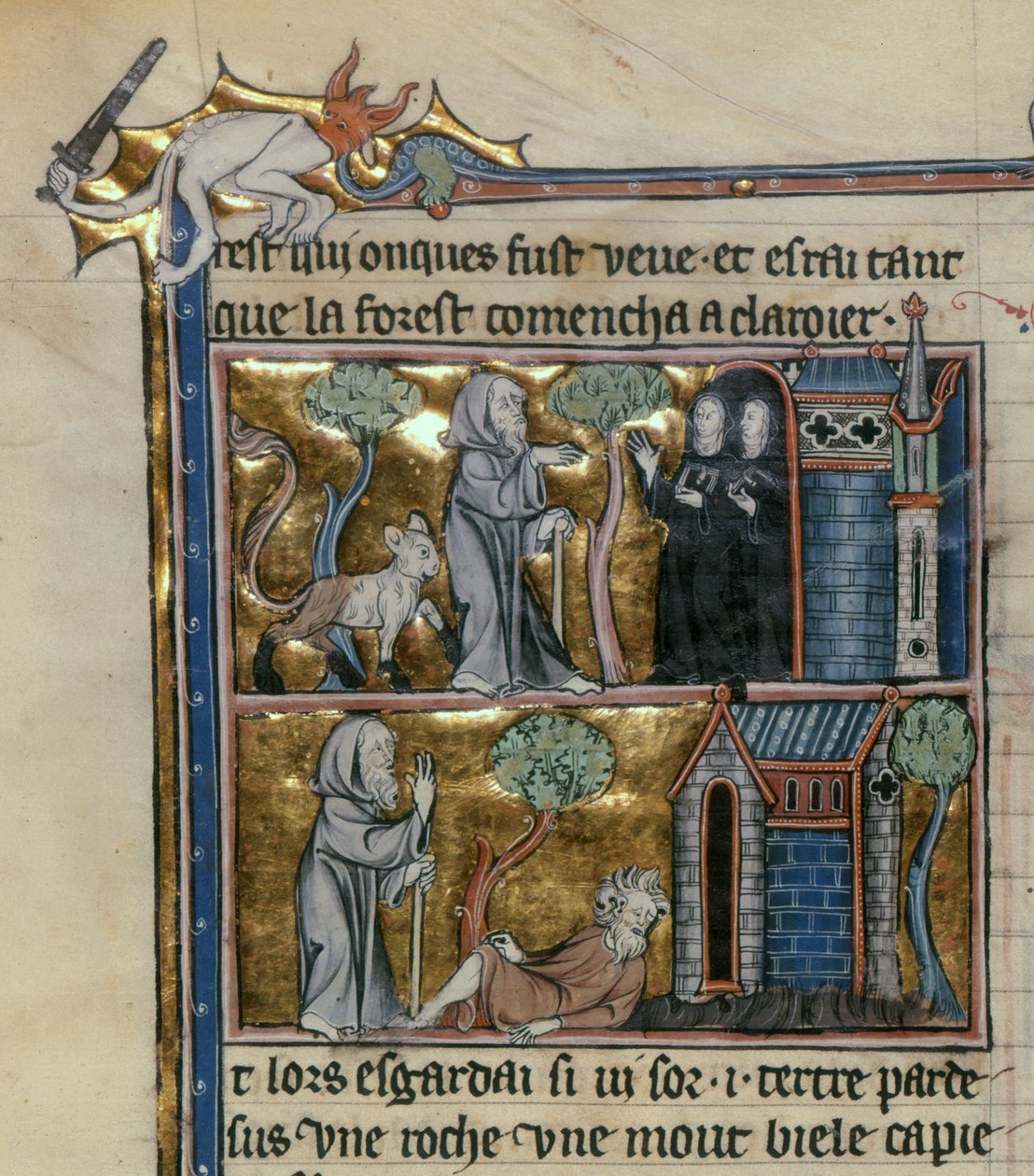 Ms Fr 95 f.4v Remete és vadállat, lHistoire du Saint Graal, 1280-90 körül alkotó: French School