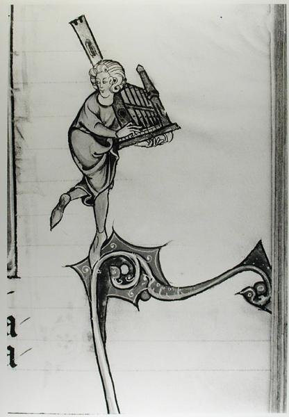 Ms Fr 95 fol.273 Zenész portatív orgonán, lHistoire de Merlin, 1280-90 körül alkotó: French School