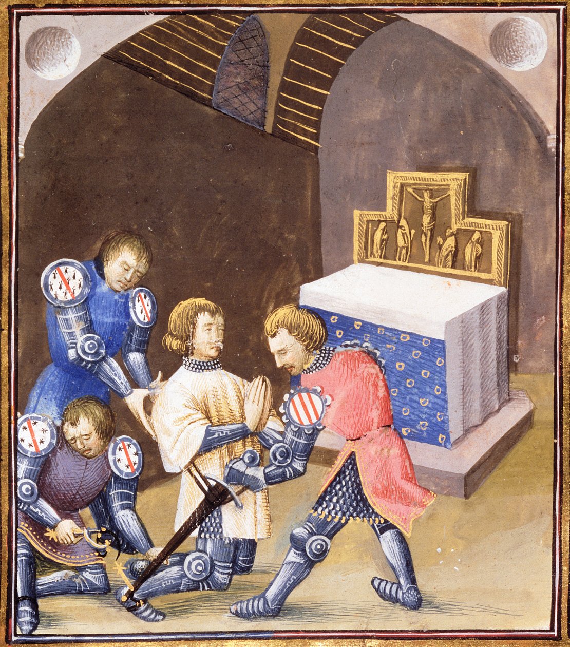 Ms. Fr 99 f.561 Galahad kardot és sarkantyút kap a lovaggá válás rituáléjában, mielőtt elindulna a Grál-küldetésre alkotó: French School