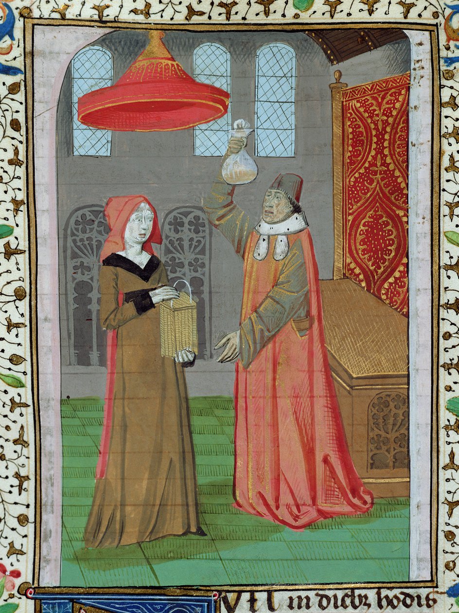 Ms H 7 fol.164r Egy orvos, aki megvizsgálja St. Elizabeths vizeletét, hogy megállapítsa, terhes-e, Jean XXII Bibliájából alkotó: French School
