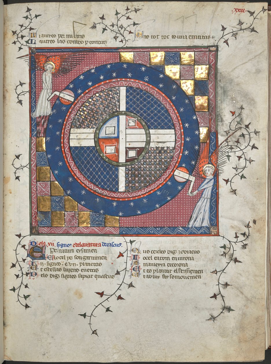 Ms Harley 4940, f.28 Két angyal, akik megfordítják az univerzumot, illusztráció a „Breviari d