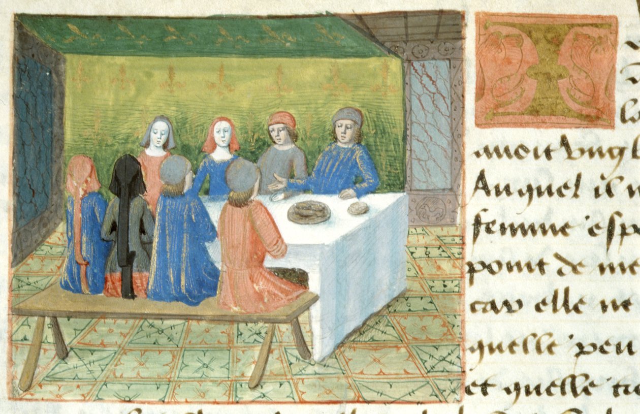 Ms Hunter 252 f.133v étkezés, Les Cent Nouvelles Nouvelles, 1462 alkotó: French School
