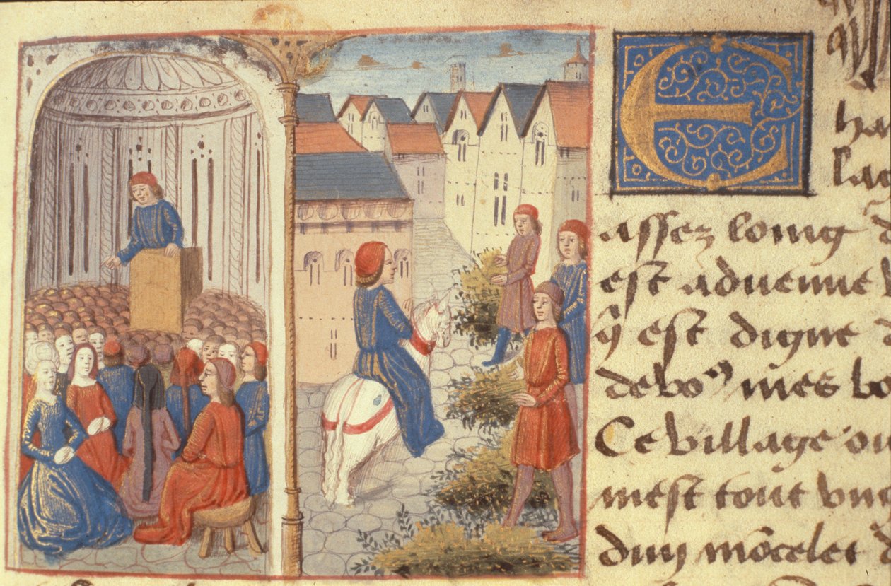 Ms Hunter 252 f.183r Előadás és rohanás az utcákon, Les Cent Nouvelles Nouvelles, 1462 alkotó: French School