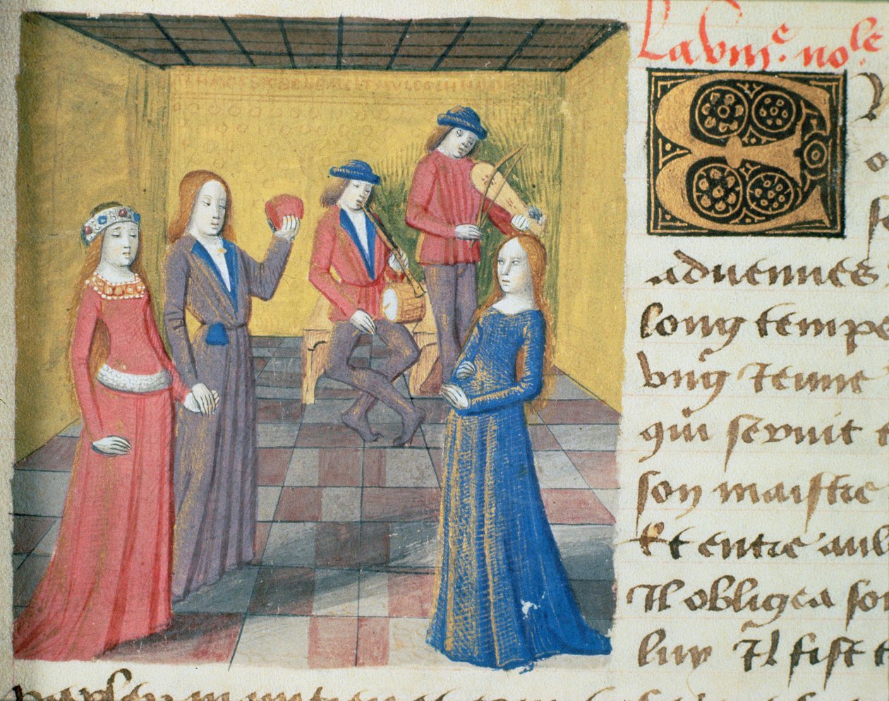 Ms Hunter 252 f.19r Zene és udvarlás, Les Cent Nouvelles Nouvelles, 1462 alkotó: French School