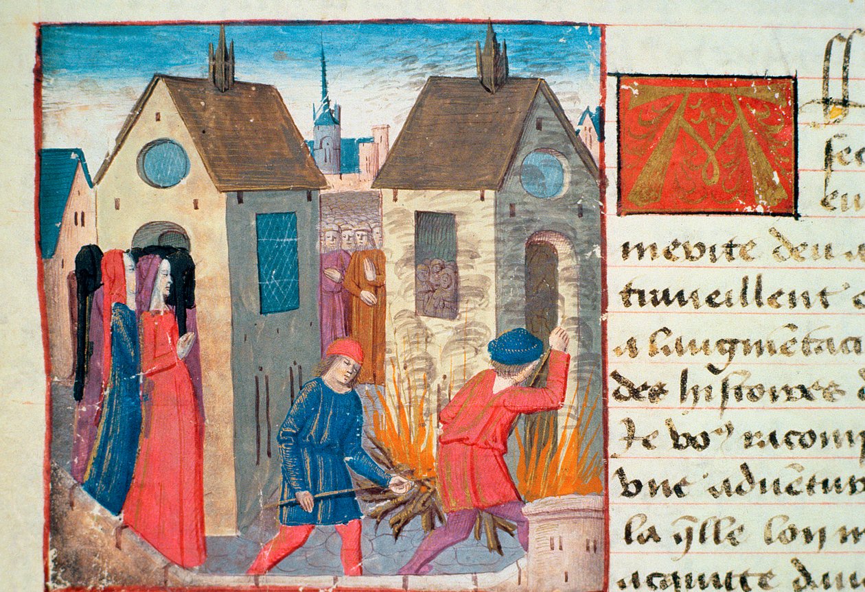 Ms Hunter 252 f.75v Ház felgyújtása, Les Cent Nouvelles Nouvelles, 1462 alkotó: French School
