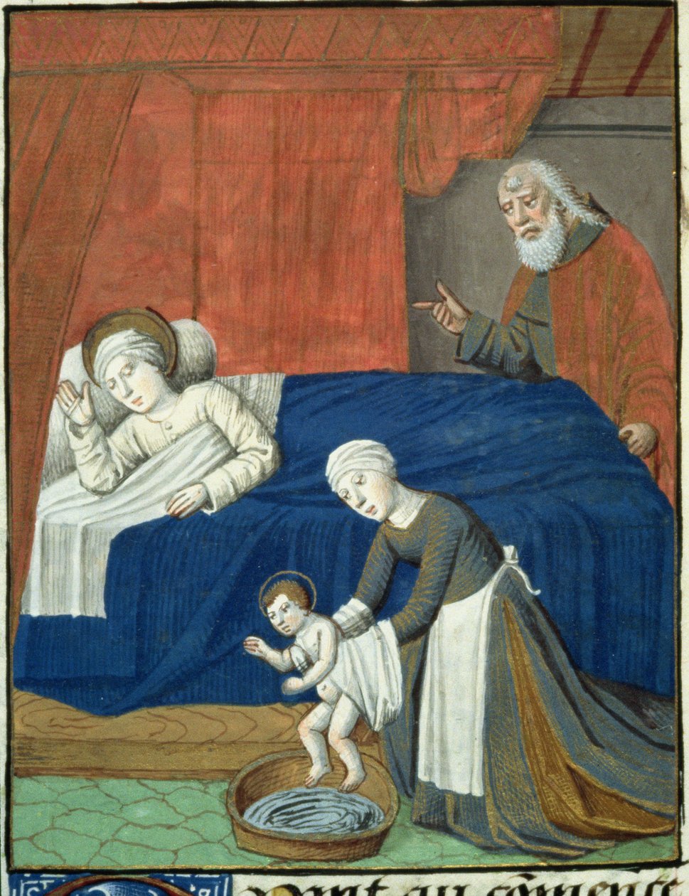Ms Hunter 36 f.10v A Boldogságos Szűz Mária születése, Vita Christiből, Ludolf Szász, 1300-7778 körül alkotó: French School