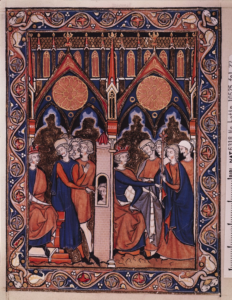 Ms Lat 10525 Fol.22 Joseph elmagyarázza a fáraó álmát, és a fáraó visszaállítja komornyikját, Szent Lajos zsoltárából, 1258-70 körül alkotó: French School
