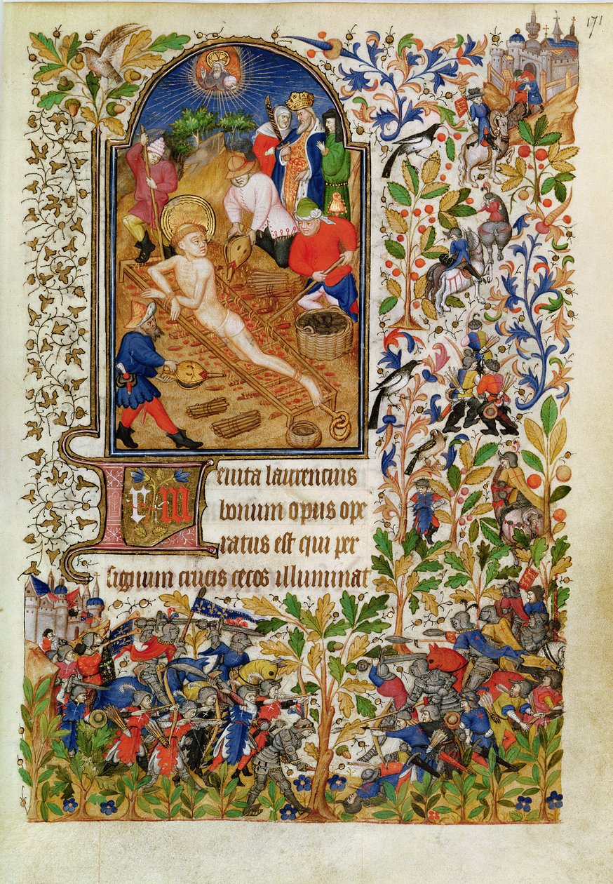 Ms Lat 1156b fol. 171 Szent Lőrinc vértanúsága, Marguerite dOrleans óráiból, 1426 körül alkotó: French School