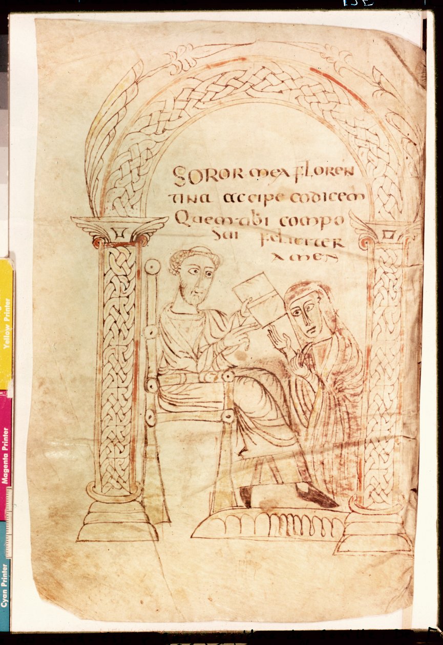 Ms Lat 13396 Fol.1 Isidore felajánlja munkáját nővérének, Florentinának, Sevillai Izidortól (560-636 körül) a De Catholic Faith az Ó- és Újszövetségből a zsidók ellen című könyvéből. alkotó: French School