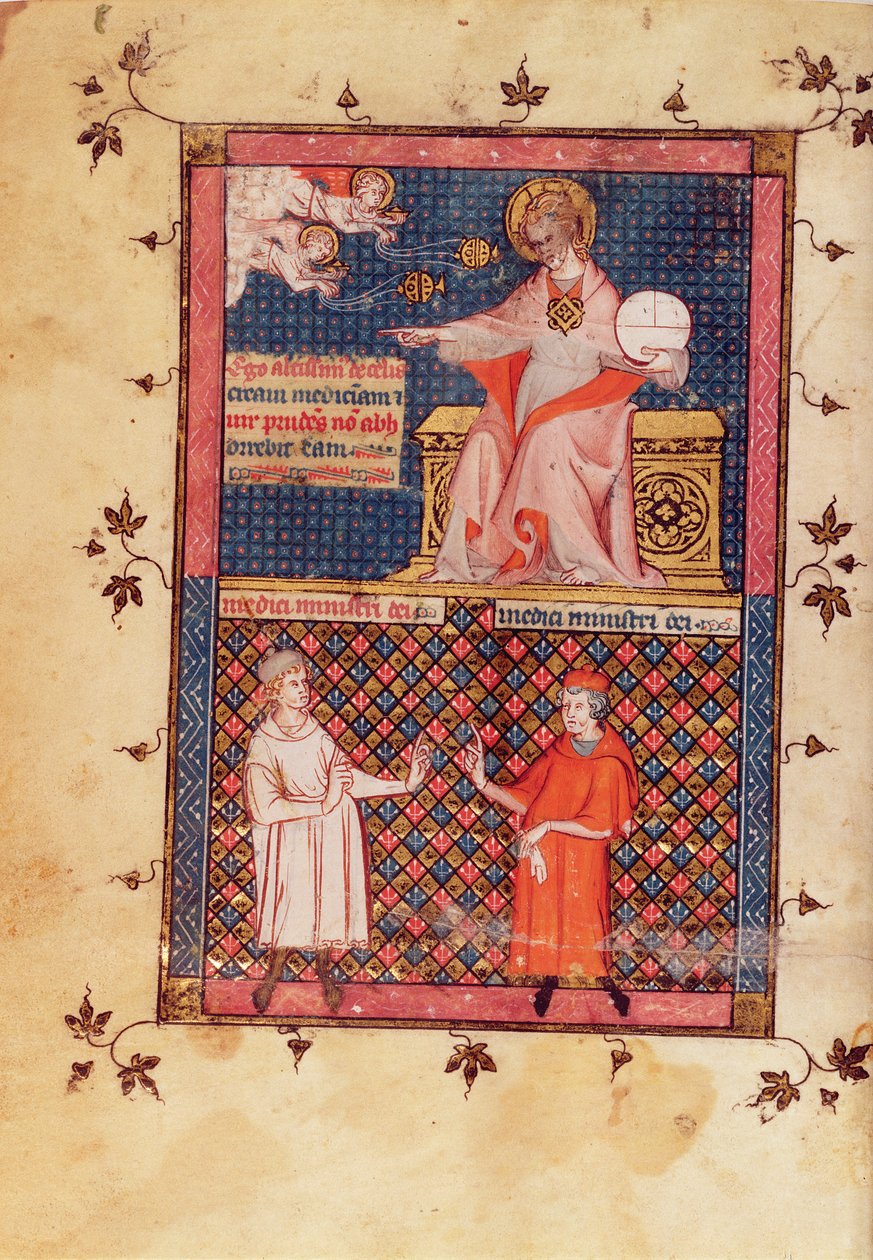 Ms Lat 14023 fol.1v Isten megteremti az orvostudományt és tudást ad az orvosoknak, Avicenna (Ibn Sina) Orvostudományi Kánonjából (980-1037), fordította Gerard de Cremone (1114087) c.1320 alkotó: French School