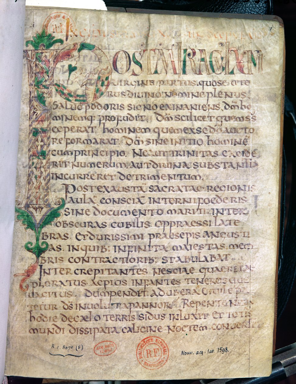 Ms Lat 1598 Fol.1 Zoomorf történetíró kezdeti P, Szent Ágoston (354-430) munkájából alkotó: French School