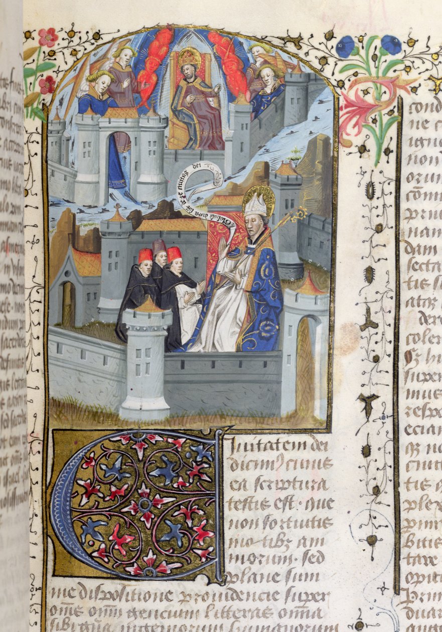 Ms Lat 592 f.127 Jeruzsálem és Babilon, Szent Ágoston La Cite de Dieu-jából alkotó: French School