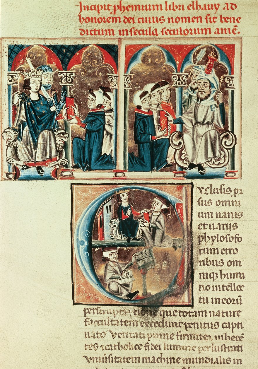 Ms Lat. 6912 fol.1v Egy zsidó tudós egy arab értekezés fordítását mutatja be Philippe dAnjounak alkotó: French School