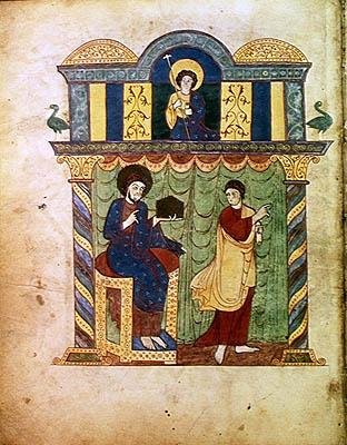 Ms Lat 8878 fol.1v Jézus bemutatja az evangéliumot Szent Máténak, Liebanai Beatus asztúriai szerzetes kommentárjából az Apokalipszishez (776 körül) 1028-72 körül (vellum) alkotó: French School