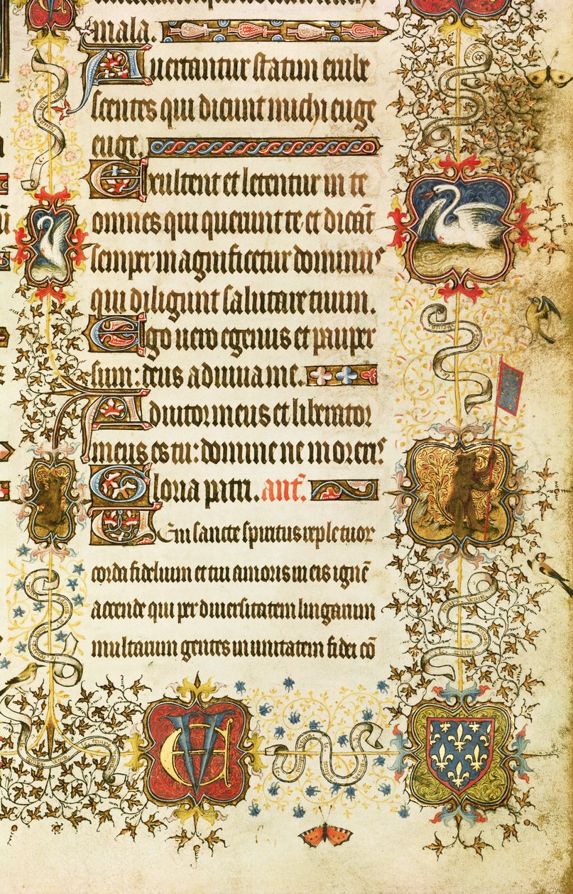 Ms Lat 919 fol.96 Címer- és állatdísz részlet, Szent Pétertől. Jean de France (1340-1416) Berry hercege a Paradicsomba vezet, a Grandes Heures de Duc de Berry-től alkotó: French School