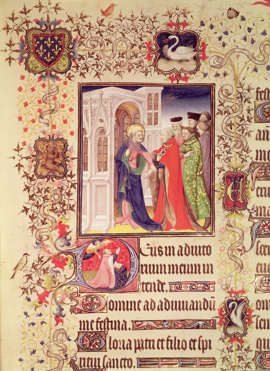 Ms Lat 919 fol.96 Jean de France, Duc de Berryt Szent Péter vezette be a mennyország kapuiba Szent Péter és Jean de Berry történeti kezdőbetűjével az imában, a Grandes Heures de Duc de alkotó: French School
