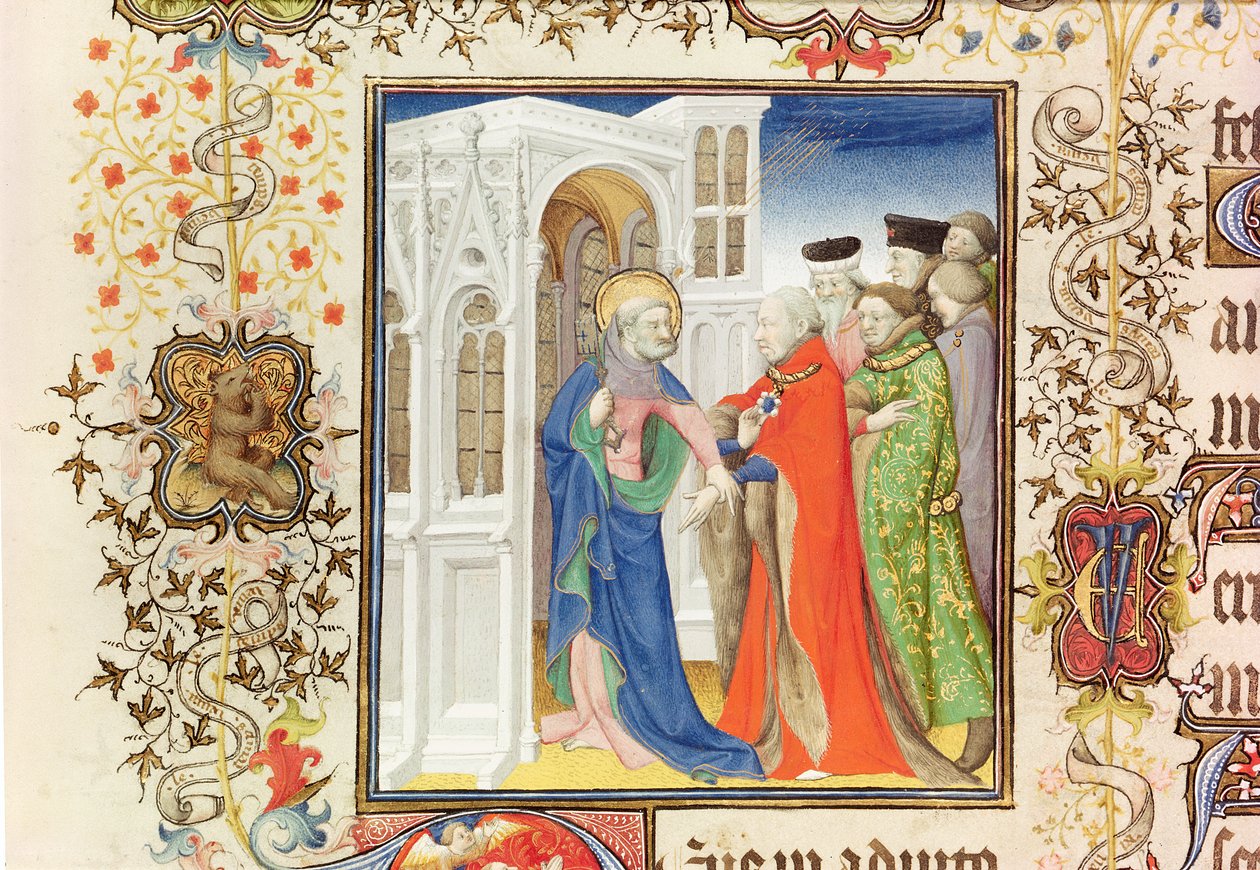 Ms Lat 919 fol.96 St. Peter Jean de France (1340-1416) Berry hercegének vezetése a Paradicsomba, a Grandes Heures de Duc de Berry-ből, 1409 (lásd még: 159985 és 30908) alkotó: French School