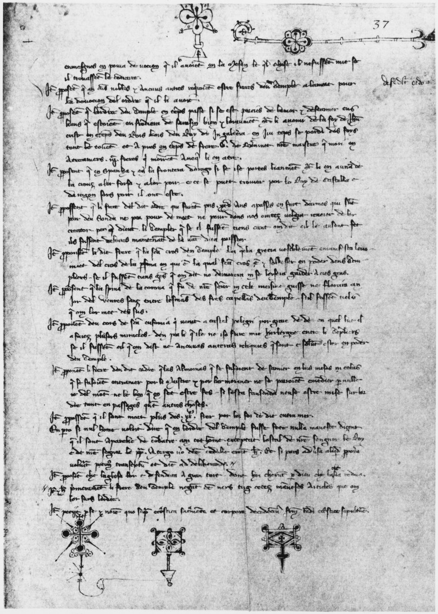 Ms Latin 11795 fol.37 Szövegoldal a templomosok tárgyalásából alkotó: French School