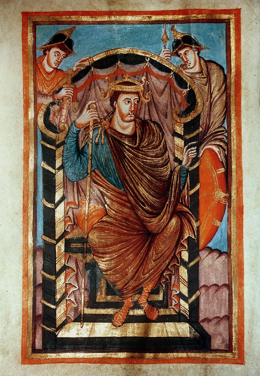 Ms Latin 266 fol.1v Lothair I (795-855) trónolt, az Evangiles de Lothaire-től, 840-851 körül alkotó: French School