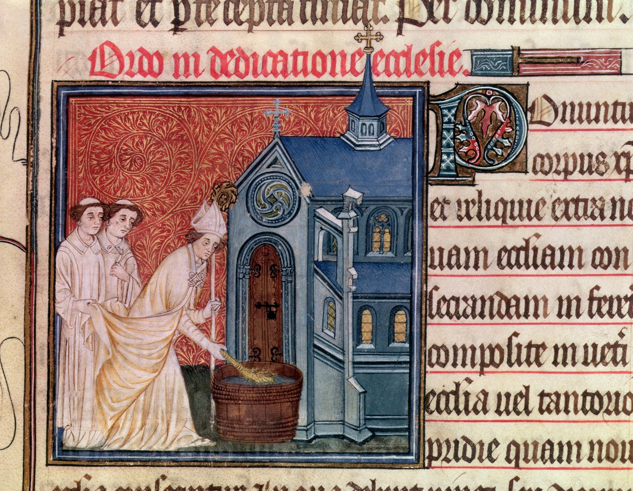 Ms Latin 962 Fol.63 Püspök templomot szentel, Sens pápától alkotó: French School