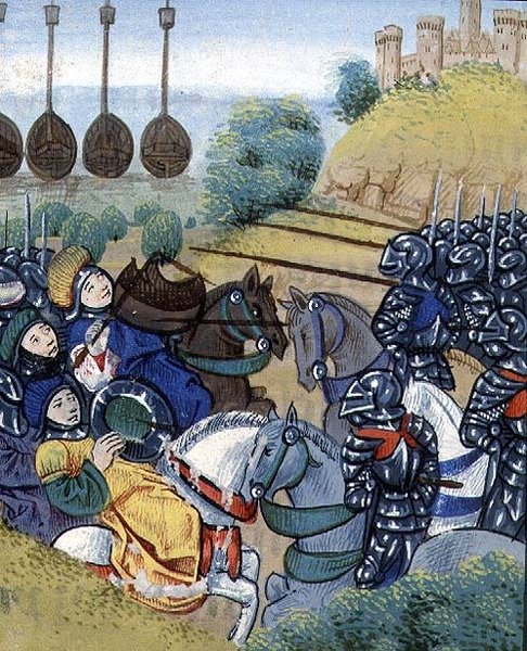 Ms Roy 20 C IX f.278v Magyar győzelem a törökök felett a török flottával a háttérben, Jean Chartrier, 15. század vége, a 