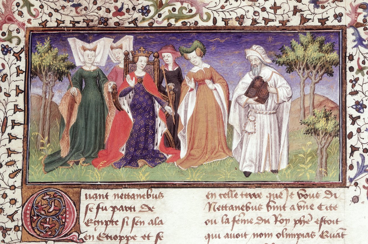 Ms Royal 20 B.XX fol.7 Olympias Nectanebusszal, Pseudo-Callisthenes „Le Vraye Histoire du Bon Roy Alixandre” című művéből, 15. század eleje (vellum) alkotó: French School