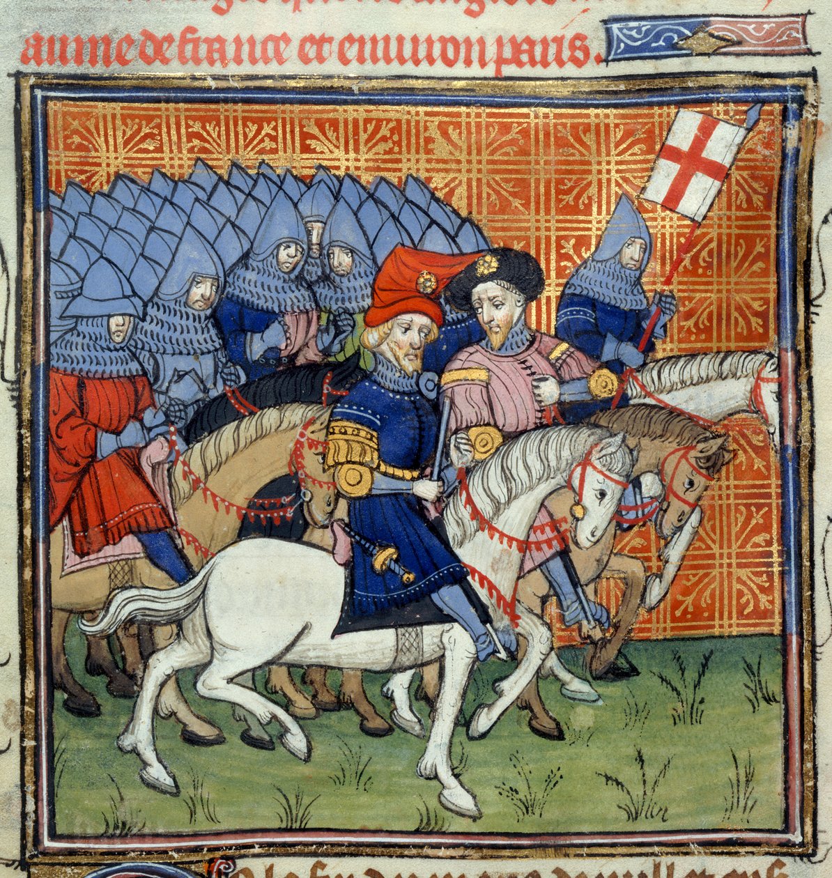 Ms Royal 20 C. VII, f.186 angol hadsereg zászlóval, a „Chroniques de France ou St. Denis”-ből (perselybe) alkotó: French School