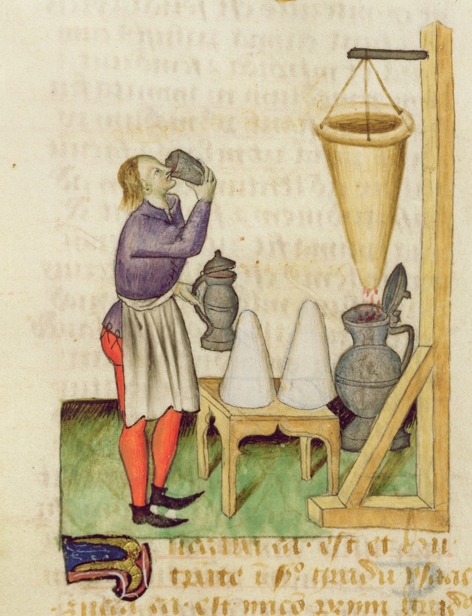 Kisasszony. Dioscorides tanulmánya a gyógynövényekről, fol.142r Alkoholkészítés alkotó: French School